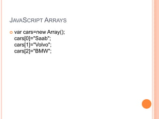 JAVASCRIPT ARRAYS
 var cars=new Array();
cars[0]="Saab";
cars[1]="Volvo";
cars[2]="BMW";
 