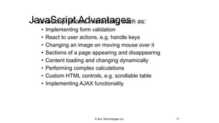 JavaScript Advantages• JavaScript allows interactivity such as:
• Implementing form validation
• React to user actions, e.g. handle keys
• Changing an image on moving mouse over it
• Sections of a page appearing and disappearing
• Content loading and changing dynamically
• Performing complex calculations
• Custom HTML controls, e.g. scrollable table
• Implementing AJAX functionality
11© Sun Technologies Inc.
 