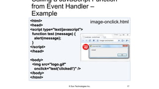 <html>
<head>
<script type="text/javascript">
function test (message) {
alert(message);
}
</script>
</head>
<body>
<img src="logo.gif"
onclick="test('clicked!')" />
</body>
</html>
Calling a JavaScript Function
from Event Handler –
Example
image-onclick.html
17© Sun Technologies Inc.
 