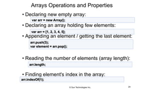 Arrays Operations and Properties
• Declaring new empty array:
• Declaring an array holding few elements:
• Appending an element / getting the last element:
• Reading the number of elements (array length):
• Finding element's index in the array:
24
var arr = new Array();
var arr = [1, 2, 3, 4, 5];
arr.push(3);
var element = arr.pop();
arr.length;
arr.indexOf(1);
© Sun Technologies Inc.
 
