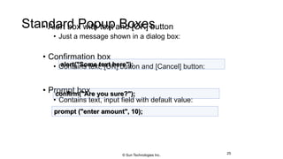 Standard Popup Boxes• Alert box with text and [OK] button
• Just a message shown in a dialog box:
• Confirmation box
• Contains text, [OK] button and [Cancel] button:
• Prompt box
• Contains text, input field with default value:
25
alert("Some text here");
confirm("Are you sure?");
prompt ("enter amount", 10);
© Sun Technologies Inc.
 