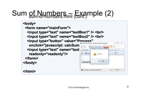 Sum of Numbers – Example (2)sum-of-numbers.html (cont.)
27
<body>
<form name="mainForm">
<input type="text" name="textBox1" /> <br/>
<input type="text" name="textBox2" /> <br/>
<input type="button" value="Process"
onclick="javascript: calcSum()" />
<input type="text" name="textBoxSum"
readonly="readonly"/>
</form>
</body>
</html>
© Sun Technologies Inc.
 
