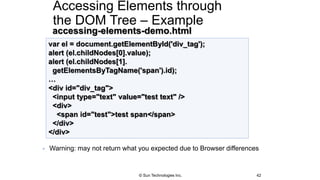 Accessing Elements through
the DOM Tree – Example
 Warning: may not return what you expected due to Browser differences
42
var el = document.getElementById('div_tag');
alert (el.childNodes[0].value);
alert (el.childNodes[1].
getElementsByTagName('span').id);
…
<div id="div_tag">
<input type="text" value="test text" />
<div>
<span id="test">test span</span>
</div>
</div>
accessing-elements-demo.html
© Sun Technologies Inc.
 