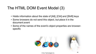 The HTML DOM Event Model (3)
• Holds information about the state of [Alt], [Ctrl] and [Shift] keys
• Some browsers do not send this object, but place it in the
document.event
• Some of the names of the event’s object properties are browser-
specific
46
© Sun Technologies Inc.
 