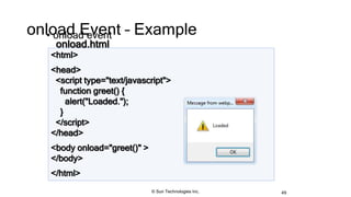 onload Event – Example• onload event
49
<html>
<head>
<script type="text/javascript">
function greet() {
alert("Loaded.");
}
</script>
</head>
<body onload="greet()" >
</body>
</html>
onload.html
© Sun Technologies Inc.
 