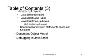 Table of Contents (3)
• JavaScript Syntax
• JavaScript operators
• JavaScript Data Types
• JavaScript Pop-up boxes
• alert, confirm and prompt
• Conditional and switch statements, loops and
functions
• Document Object Model
• Debugging in JavaScript
5© Sun Technologies Inc.
 