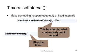Timers: setInterval()
• Make something happen repeatedly at fixed intervals
61
var timer = setInterval('clock()', 1000);
clearInterval(timer);
This function is called
continuously per 1
second.
Stop the
timer.
© Sun Technologies Inc.
 