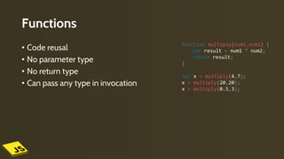 Functions
• Code reusal
• No parameter type
• No return type
• Can pass any type in invocation
function multiply(num1,num2) {
var result = num1 * num2;
return result;
}
var x = multiply(4,7);
x = multiply(20,20);
x = multiply(0.5,3);
 
