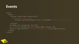 Events
<html>
<body>
<script type="text/javascript">
function changeText(){
document.getElementById('demo').innerHTML = 'Hello JavaScript!';
}
</script>
<h1>What Can JavaScript Do?</h1>
<p id="demo">JavaScript can change HTML content.</p>
<button type="button" onclick='changeText()'>Click Me!</button>
</body>
</html>
 