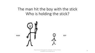 Requirements Management, DA254A 7.5 ECTS, VT2014,
annabella.loconsole@mah.se
29
MAN BOY
The man hit the boy with the stick
Who is holding the stick?
 