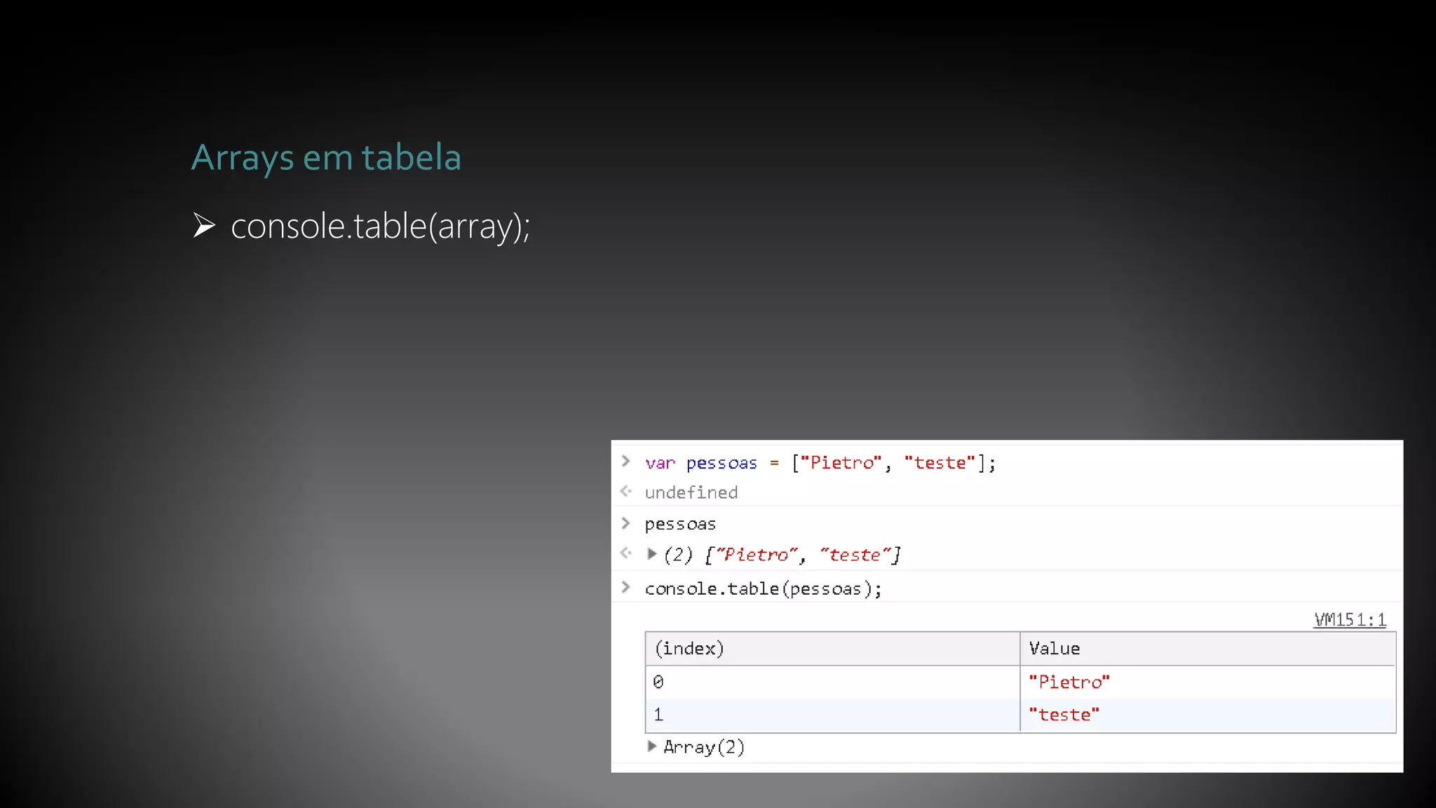 Arrays em tabela
 console.table(array);
 