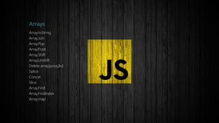 Arrays
Array.toString
Array.Join
Array.Pop
Array.Push
Array.Shift
Array.Unshift
Delete array[posição]
Splice
Concat
Slice
Array.Find
Array.FindIndex
Array.map
 