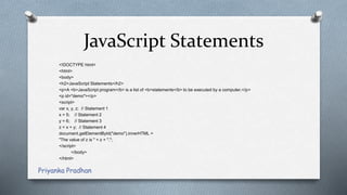 JavaScript Statements
<!DOCTYPE html>
<html>
<body>
<h2>JavaScript Statements</h2>
<p>A <b>JavaScript program</b> is a list of <b>statements</b> to be executed by a computer.</p>
<p id="demo"></p>
<script>
var x, y, z; // Statement 1
x = 5; // Statement 2
y = 6; // Statement 3
z = x + y; // Statement 4
document.getElementById("demo").innerHTML =
"The value of z is " + z + ".";
</script>
</body>
</html>
Priyanka Pradhan
 