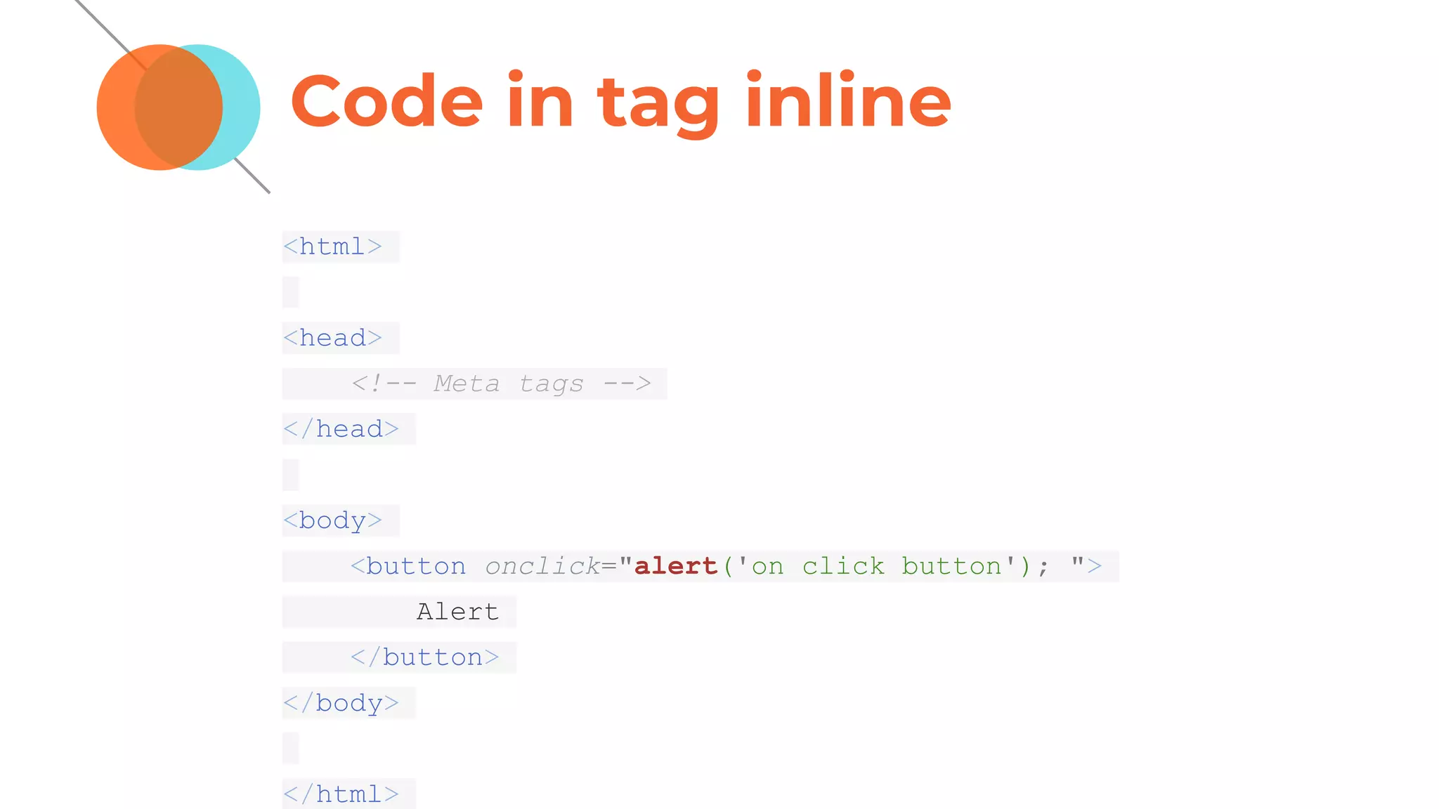 Code in tag inline
<html>
<head>
<!-- Meta tags -->
</head>
<body>
<button onclick="alert('on click button'); ">
Alert
</button>
</body>
</html>
 