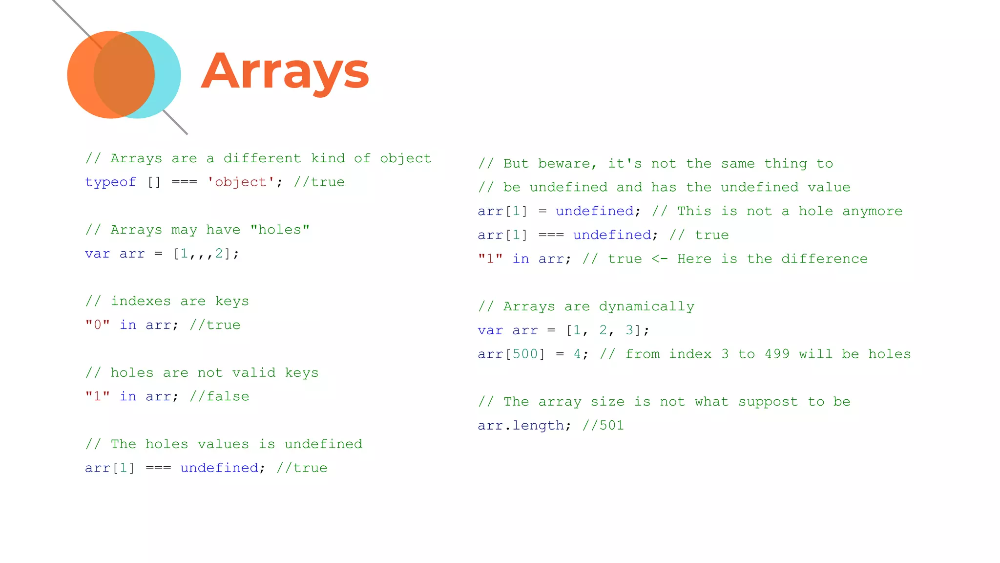 Arrays
// Arrays are a different kind of object
typeof [] === 'object'; //true
// Arrays may have "holes"
var arr = [1,,,2];
// indexes are keys
"0" in arr; //true
// holes are not valid keys
"1" in arr; //false
// The holes values is undefined
arr[1] === undefined; //true
// But beware, it's not the same thing to
// be undefined and has the undefined value
arr[1] = undefined; // This is not a hole anymore
arr[1] === undefined; // true
"1" in arr; // true <- Here is the difference
// Arrays are dynamically
var arr = [1, 2, 3];
arr[500] = 4; // from index 3 to 499 will be holes
// The array size is not what suppost to be
arr.length; //501
 