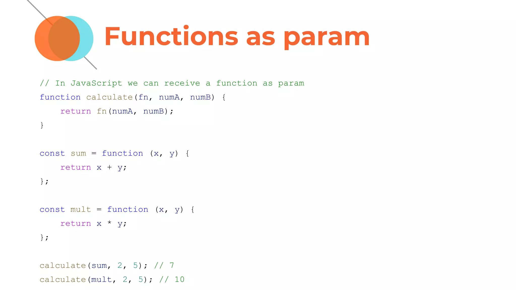 Functions as param
// In JavaScript we can receive a function as param
function calculate(fn, numA, numB) {
return fn(numA, numB);
}
const sum = function (x, y) {
return x + y;
};
const mult = function (x, y) {
return x * y;
};
calculate(sum, 2, 5); // 7
calculate(mult, 2, 5); // 10
 