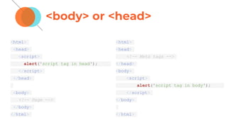 <body> or <head>
<html>
<head>
<script>
alert('script tag in head');
</script>
</head>
<body>
<!-- Page -->
</body>
</html>
<html>
<head>
<!-- Meta tags -->
</head>
<body>
<script>
alert('script tag in body');
</script>
</body>
</html>
 