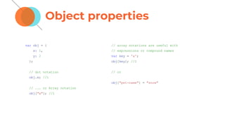 Object properties
var obj = {
x: 1,
y: 2
};
// dot notation
obj.x; //1
// ... or Array notation
obj["x"]; //1
// array notations are useful with
// expressions or compound names
var key = 'x';
obj[key]; //1
// or
obj["pet-name"] = "snow"
 