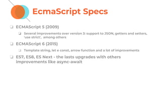 EcmaScript Specs
❏ ECMAScript 5 (2009)
❏ Several improvements over version 3: support to JSON, getters and setters,
'use strict', among others
❏ ECMAScript 6 (2015)
❏ Template string, let e const, arrow function and a lot of improvements
❏ ES7, ES8, ES Next - the lasts upgrades with others
improvements like async-await
 