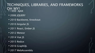 TECHNIQUES, LIBRARIES, AND FRAMEWORKS
OH MY!
• 1999 AJAX
• 2006 JQUERY
• 2010 Backbone, Knockout
• 2010 Angular JS
• 2011 React, Ember JS
• 2012 Meteor
• 2014 Vue JS
• 2015 Redux
• 2016 GraphQL
• 2017 WebAssembly
 