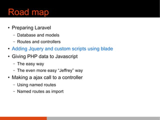 Road map
¢ Preparing Laravel
C Database and models
C Routes and controllers
¢ Adding Jquery and custom scripts using blade
¢ Giving PHP data to Javascript
C The easy way
C The even more easy ^Jeffrey ̄ way
¢ Making a ajax call to a controller
C Using named routes
C Named routes as import