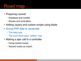 Road map
¢ Preparing Laravel
C Database and models
C Routes and controllers
¢ Adding Jquery and custom scripts using blade
¢ Giving PHP data to Javascript
C The easy way
C The even more easy ^Jeffrey ̄ way
¢ Making a ajax call to a controller
C Using named routes
C Named routes as import