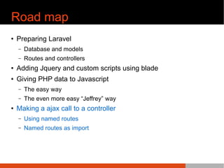 Road map
¢ Preparing Laravel
C Database and models
C Routes and controllers
¢ Adding Jquery and custom scripts using blade
¢ Giving PHP data to Javascript
C The easy way
C The even more easy ^Jeffrey ̄ way
¢ Making a ajax call to a controller
C Using named routes
C Named routes as import