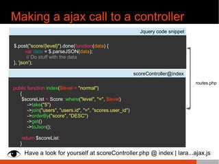 Making a ajax call to a controller
Jquery code snippet
$.post("score/{level}").done(function(data) {
var data = $.parseJSON(data);
// Do stuff with the data
}, 'json');
scoreController@index
public function index($level = "normal")
{
$scoreList = Score::where("level", "=", $level)
->take("5")
->join("users", "users.id", "=", "scores.user_id")
->orderBy("score", "DESC")
->get()
->toJson();
return $scoreList;
}
routes.php
Have a look for yourself at scoreController.php @ index | lara...ajax.js