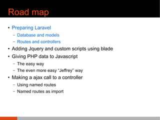 Road map
¢ Preparing Laravel
C Database and models
C Routes and controllers
¢ Adding Jquery and custom scripts using blade
¢ Giving PHP data to Javascript
C The easy way
C The even more easy ^Jeffrey ̄ way
¢ Making a ajax call to a controller
C Using named routes
C Named routes as import