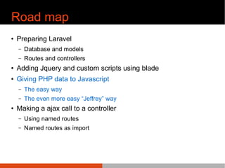 Road map
● Preparing Laravel
– Database and models
– Routes and controllers
● Adding Jquery and custom scripts using blade...
