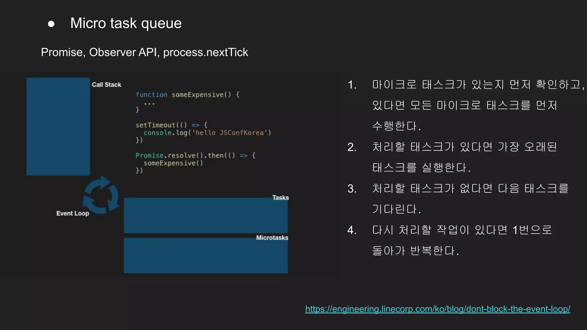 ● Micro task queue
Promise, Observer API, process.nextTick
https://engineering.linecorp.com/ko/blog/dont-block-the-event-loop/
1. 마이크로 태스크가 있는지 먼저 확인하고,
있다면 모든 마이크로 태스크를 먼저
수행한다.
2. 처리할 태스크가 있다면 가장 오래된
태스크를 실행한다.
3. 처리할 태스크가 없다면 다음 태스크를
기다린다.
4. 다시 처리할 작업이 있다면 1번으로
돌아가 반복한다.
 