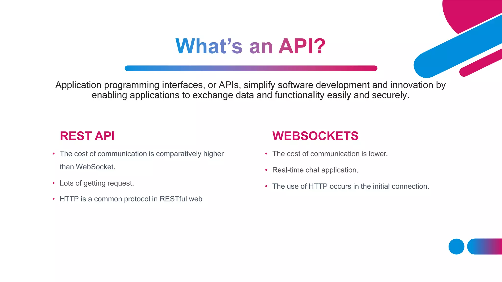 Application programming interfaces, or APIs, simplify software development and innovation by enabling applications to exchange data and functionality easily and securely. REST API • The cost of communication is comparatively higher than WebSocket. • Lots of getting request. • HTTP is a common protocol in RESTful web WEBSOCKETS • The cost of communication is lower. • Real-time chat application. • The use of HTTP occurs in the initial connection. 14 