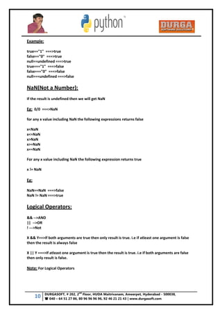 10 DURGASOFT, # 202, 2
nd
Floor, HUDA Maitrivanam, Ameerpet, Hyderabad - 500038,
 040 – 64 51 27 86, 80 96 96 96 96, 92 46 21 21 43 | www.durgasoft.com
Example:
true=="1" ===>true
false=="0" ===>true
null==undefined ===>true
true==="1" ===>false
false==="0" ===>false
null===undefined ===>false
NaN(Not a Number):
If the result is undefined then we will get NaN
Eg: 0/0 ===>NaN
for any x value including NaN the following expressions returns false
x<NaN
x<=NaN
x>NaN
x>=NaN
x==NaN
For any x value including NaN the following expression returns true
x != NaN
Eg:
NaN==NaN ===>false
NaN != NaN ===>true
Logical Operators:
&& -->AND
|| -->OR
! --->Not
X && Y==>If both arguments are true then only result is true. i.e if atleast one argument is false
then the result is always false
X || Y ===>If atleast one argument is true then the result is true. i.e if both arguments are false
then only result is false.
Note: For Logical Operators
 
