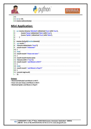 40 DURGASOFT, # 202, 2
nd
Floor, HUDA Maitrivanam, Ameerpet, Hyderabad - 500038,
 040 – 64 51 27 86, 80 96 96 96 96, 92 46 21 21 43 | www.durgasoft.com
10)
11) var a =10;
12) movie.myFunction(a)
Mini Application:
1) var movies=[{name:'Bahubali',isWatched:'true',isHit:'true'},
2) {name:'Sanju',isWatched:'false',isHit:'true'},
3) {name:'Spider',isWatched:'true',isHit:'false'},
4) ]
5)
6) movies.forEach(function(movie){
7) var result=""
8) if(movie.isWatched=="true"){
9) result=result+"I Watched "
10) }
11) else{
12) result=result+"I have not seen "
13) }
14) result=result+movie.name
15) if(movie.isHit=="true"){
16) result=result+" and Movie is Hit!!!"
17) }
18) else{
19) result=result+" and Movie is Flop!!!"
20) }
21) console.log(result)
22) });
Output:
I Watched Bahubali and Movie is Hit!!!
I have not seen Sanju and Movie is Hit!!!
I Watched Spider and Movie is Flop!!!
 