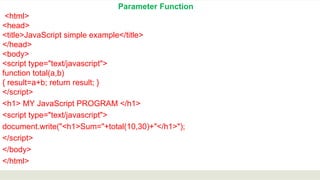 Parameter Function
<html>
<head>
<title>JavaScript simple example</title>
</head>
<body>
<script type="text/javascript">
function total(a,b)
{ result=a+b; return result; }
</script>
<h1> MY JavaScript PROGRAM </h1>
<script type="text/javascript">
document.write("<h1>Sum="+total(10,30)+"</h1>");
</script>
</body>
</html>
 