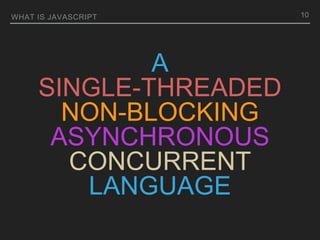 A
SINGLE-THREADED
NON-BLOCKING
ASYNCHRONOUS
CONCURRENT
LANGUAGE
WHAT IS JAVASCRIPT 10
 