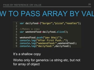 PASS BY REFERENCE OR VALUE
W TO PASS ARRAY BY VAL
It’s a shallow copy
Works only for generics i.e string etc, but not
for array of object
26
 