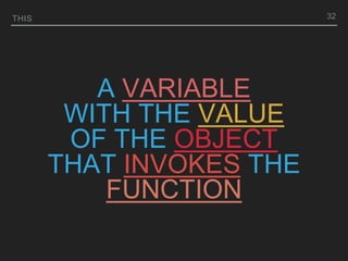 A VARIABLE
WITH THE VALUE
OF THE OBJECT
THAT INVOKES THE
FUNCTION
THIS 32
 
