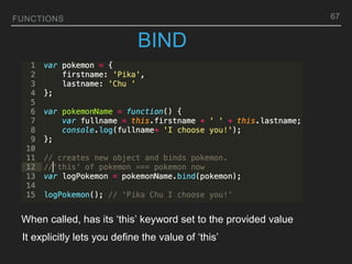 FUNCTIONS
BIND
When called, has its ‘this’ keyword set to the provided value
It explicitly lets you define the value of ‘this’
67
 