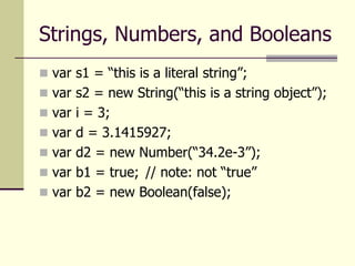 Strings, Numbers, and Booleans
 var s1 = “this is a literal string”;
 var s2 = new String(“this is a string object”);
 var i = 3;
 var d = 3.1415927;
 var d2 = new Number(“34.2e-3”);
 var b1 = true; // note: not “true”
 var b2 = new Boolean(false);
 