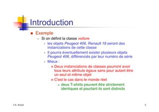 ©A. Belaïd 5
Introduction
„ Exemple
– Si on définit la classe voiture
• les objets Peugeot 406, Renault 18 seront des
instanciations de cette classe
• Il pourra éventuellement exister plusieurs objets
Peugeot 406, différenciés par leur numéro de série
• Mieux :
™ Deux instanciations de classes pourront avoir
tous leurs attributs égaux sans pour autant être
un seul et même objet
™ C'est le cas dans le monde réel
¾ deux T-shirts peuvent être strictement
identiques et pourtant ils sont distincts
 