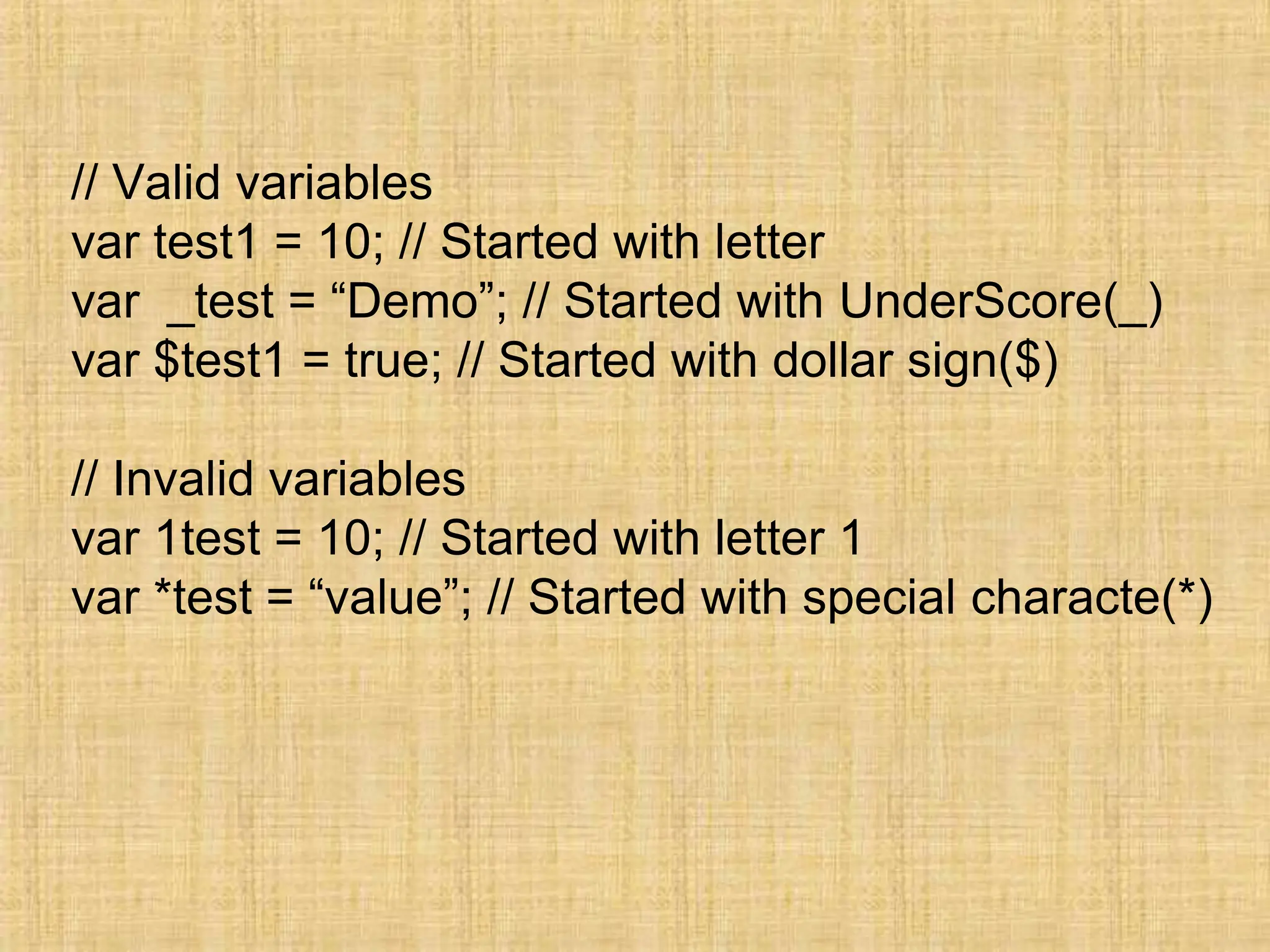 // Valid variables
var test1 = 10; // Started with letter
var _test = “Demo”; // Started with UnderScore(_)
var $test1 = true; // Started with dollar sign($)
// Invalid variables
var 1test = 10; // Started with letter 1
var *test = “value”; // Started with special characte(*)
 