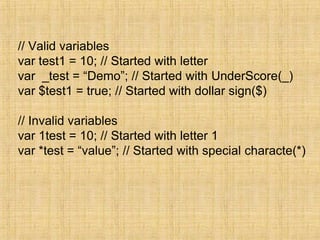 // Valid variables
var test1 = 10; // Started with letter
var _test = “Demo”; // Started with UnderScore(_)
var $test1 = true; // Started with dollar sign($)
// Invalid variables
var 1test = 10; // Started with letter 1
var *test = “value”; // Started with special characte(*)
 