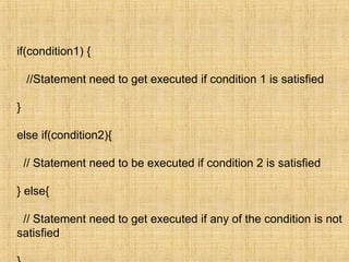 if(condition1) {
//Statement need to get executed if condition 1 is satisfied
}
else if(condition2){
// Statement need to be executed if condition 2 is satisfied
} else{
// Statement need to get executed if any of the condition is not
satisfied
 