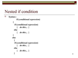 35
Nested if condition
 Syntax:-
if (conditional expression)
{
if (conditional expression)
{ do this... }
else
{ do this... }
}
else
{
if (conditional expression)
{ do this... }
else
{ do this... }
}
 