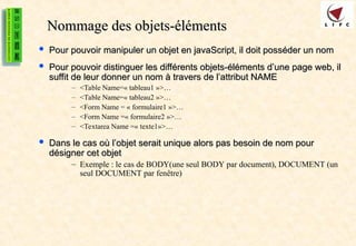 Nommage des objets-éléments
Nommage des objets-éléments
 Pour pouvoir manipuler un objet en javaScript, il doit posséder un nom
Pour pouvoir manipuler un objet en javaScript, il doit posséder un nom
 Pour pouvoir distinguer les différents objets-éléments d’une page web, il
Pour pouvoir distinguer les différents objets-éléments d’une page web, il
suffit de leur donner un nom à travers de l’attribut NAME
suffit de leur donner un nom à travers de l’attribut NAME
– <Table Name=« tableau1 »>…
– <Table Name=« tableau2 »>…
– <Form Name = « formulaire1 »>…
– <Form Name =« formulaire2 »>…
– <Textarea Name =« texte1»>…
 Dans le cas où l’objet serait unique alors pas besoin de nom pour
Dans le cas où l’objet serait unique alors pas besoin de nom pour
désigner cet objet
désigner cet objet
– Exemple : le cas de BODY(une seul BODY par document), DOCUMENT (un
seul DOCUMENT par fenêtre)
 