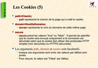 Les Cookies
Les Cookies (5)
(5)
 path=Chemin;
path=Chemin;
 path
path représente le chemin de la page qui a créé le cookie.
représente le chemin de la page qui a créé le cookie.
 domain=NomDeDomaine;
domain=NomDeDomaine;
 domain
domain représente le nom du domaine de cette même page
représente le nom du domaine de cette même page
 secure
secure
 secure
secure prend les valeurs "true" ou "false" : Il permet de spécifier
prend les valeurs "true" ou "false" : Il permet de spécifier
que le
que le cookie
cookie sera envoyé uniquement si la connexion est
sera envoyé uniquement si la connexion est
sécurisée selon que le cookie doit utiliser des protocoles HTTP
sécurisée selon que le cookie doit utiliser des protocoles HTTP
simples (non sécurisés) ou HTTPS (sécurisés).
simples (non sécurisés) ou HTTPS (sécurisés).
 Les arguments
Les arguments path,
, domain et
et secure sont facultatifs.
sont facultatifs.
 lorsque ces arguments sont omis, les valeurs par défaut sont
lorsque ces arguments sont omis, les valeurs par défaut sont
prises.
prises.
 Pour secure, la valeur est "False" par défaut.
Pour secure, la valeur est "False" par défaut.
 