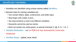 • Variables are identified using unique names called identifiers.
• General rules for naming variables are:
• Can contain letters, digits, underscores, and dollar signs
• Must begin with a letter, $ and _
• Are case sensitive (x and X are different variables)
• Keywords cannot be used as names
• Must not contain any white-space, or special character (!, @, #, %, ^, &, *)
• Variable Declaration – var | in ES6 (var was removed) let | const was
introduced
• Variable Scope – global, local, block
26
JavaScript Variables
 