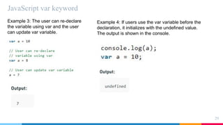JavaScript var keyword
29
Example 3: The user can re-declare
the variable using var and the user
can update var variable.
Example 4: If users use the var variable before the
declaration, it initializes with the undefined value.
The output is shown in the console.
 