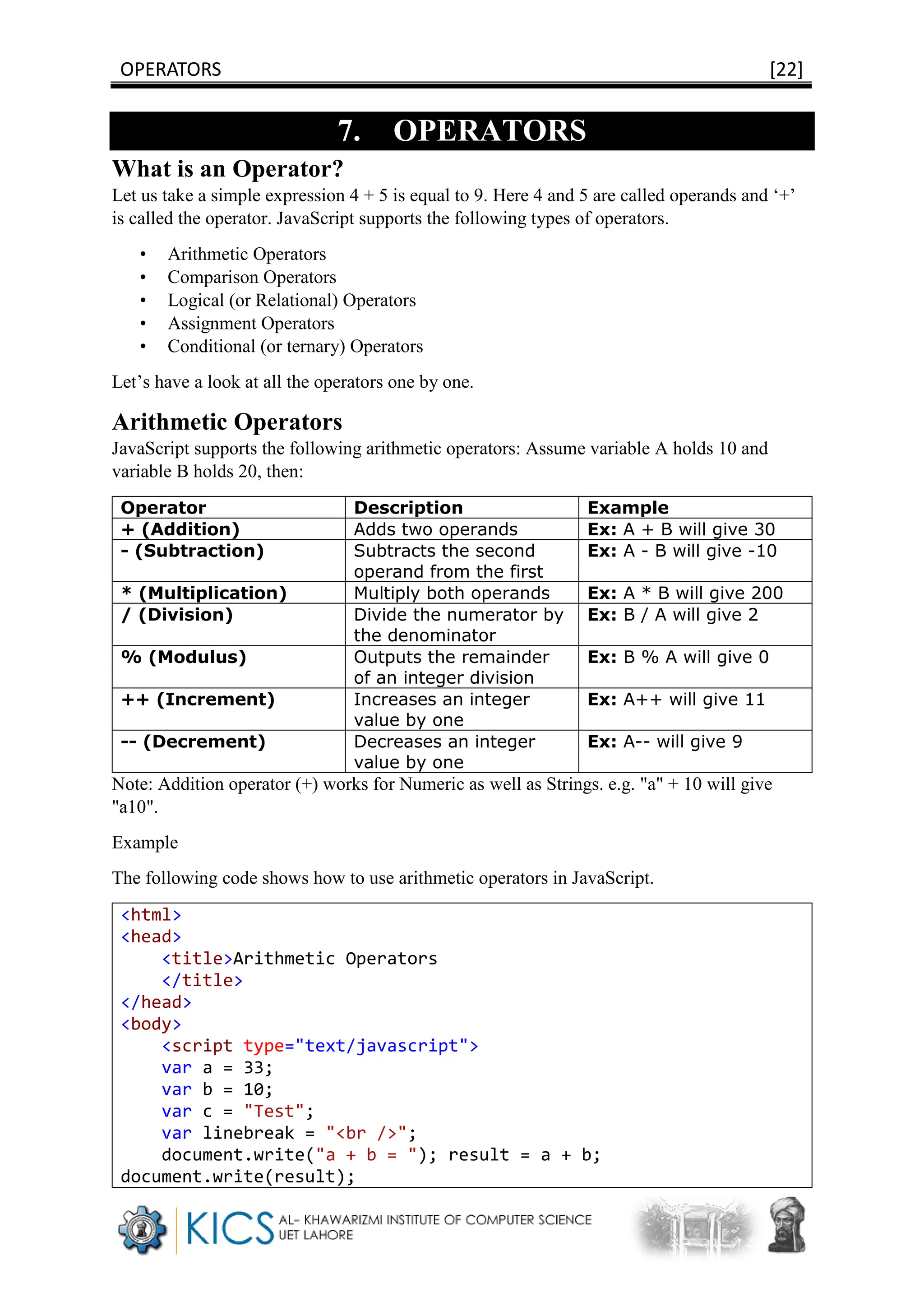 OPERATORS [22]
7. OPERATORS
What is an Operator?
Let us take a simple expression 4 + 5 is equal to 9. Here 4 and 5 are called operands and ‘+’
is called the operator. JavaScript supports the following types of operators.
• Arithmetic Operators
• Comparison Operators
• Logical (or Relational) Operators
• Assignment Operators
• Conditional (or ternary) Operators
Let’s have a look at all the operators one by one.
Arithmetic Operators
JavaScript supports the following arithmetic operators: Assume variable A holds 10 and
variable B holds 20, then:
Operator Description Example
+ (Addition) Adds two operands Ex: A + B will give 30
- (Subtraction) Subtracts the second
operand from the first
Ex: A - B will give -10
* (Multiplication) Multiply both operands Ex: A * B will give 200
/ (Division) Divide the numerator by
the denominator
Ex: B / A will give 2
% (Modulus) Outputs the remainder
of an integer division
Ex: B % A will give 0
++ (Increment) Increases an integer
value by one
Ex: A++ will give 11
-- (Decrement) Decreases an integer
value by one
Ex: A-- will give 9
Note: Addition operator (+) works for Numeric as well as Strings. e.g. "a" + 10 will give
"a10".
Example
The following code shows how to use arithmetic operators in JavaScript.
<html>
<head>
<title>Arithmetic Operators
</title>
</head>
<body>
<script type="text/javascript">
var a = 33;
var b = 10;
var c = "Test";
var linebreak = "<br />";
document.write("a + b = "); result = a + b;
document.write(result);
 